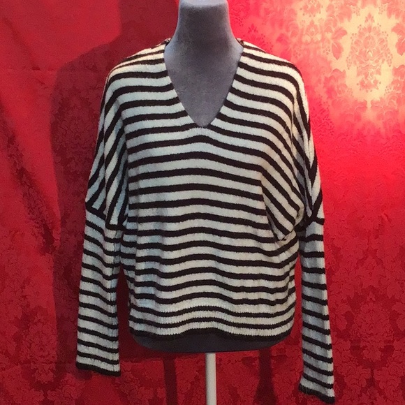 A.N.A black & white striped sweater with lace up tie back size small - Picture 2 of 5